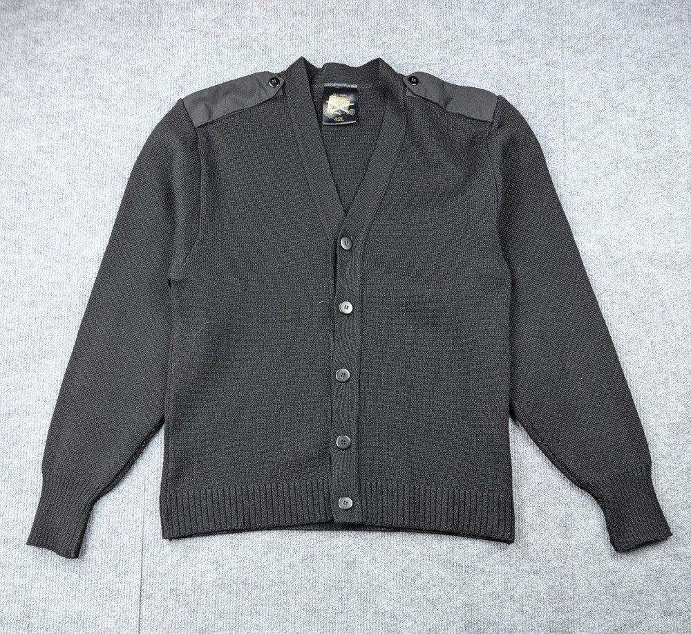 Military Equipment Cardigan Mens 42L Black Wool Crisp Thick Knit Vintage USAF